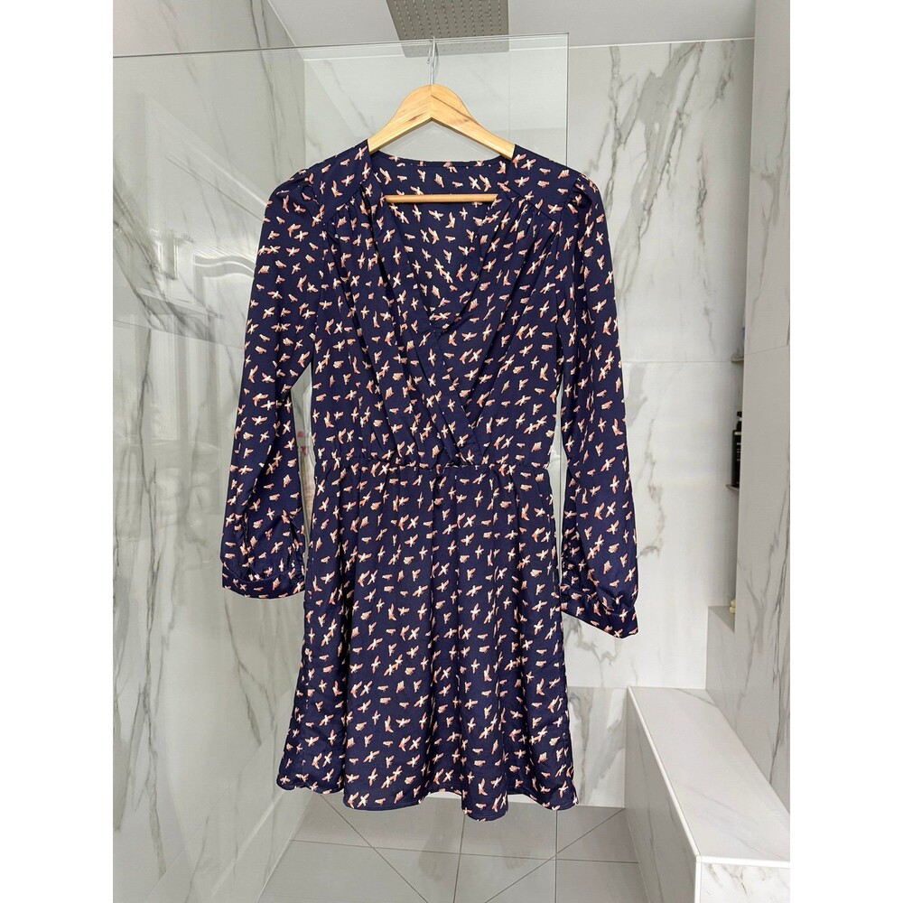 Bar lll Long Sleeve MINI Dress Navy Blue with Orange Birds M/L